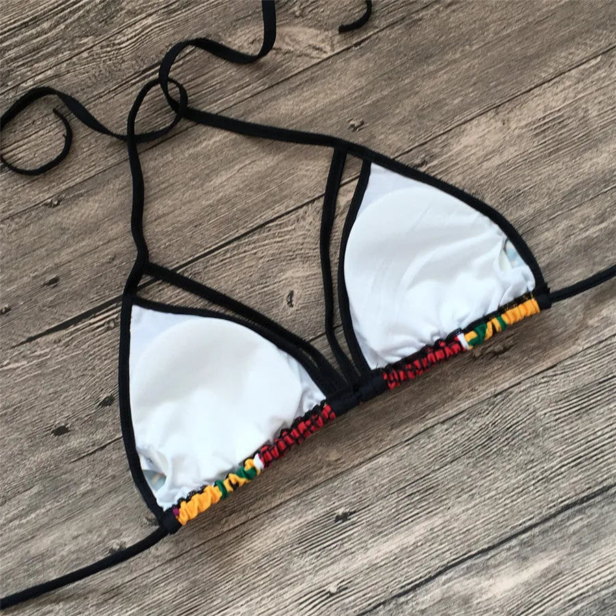 Women's high-waisted bikini swimsuit with backless design and digital printing in various colours