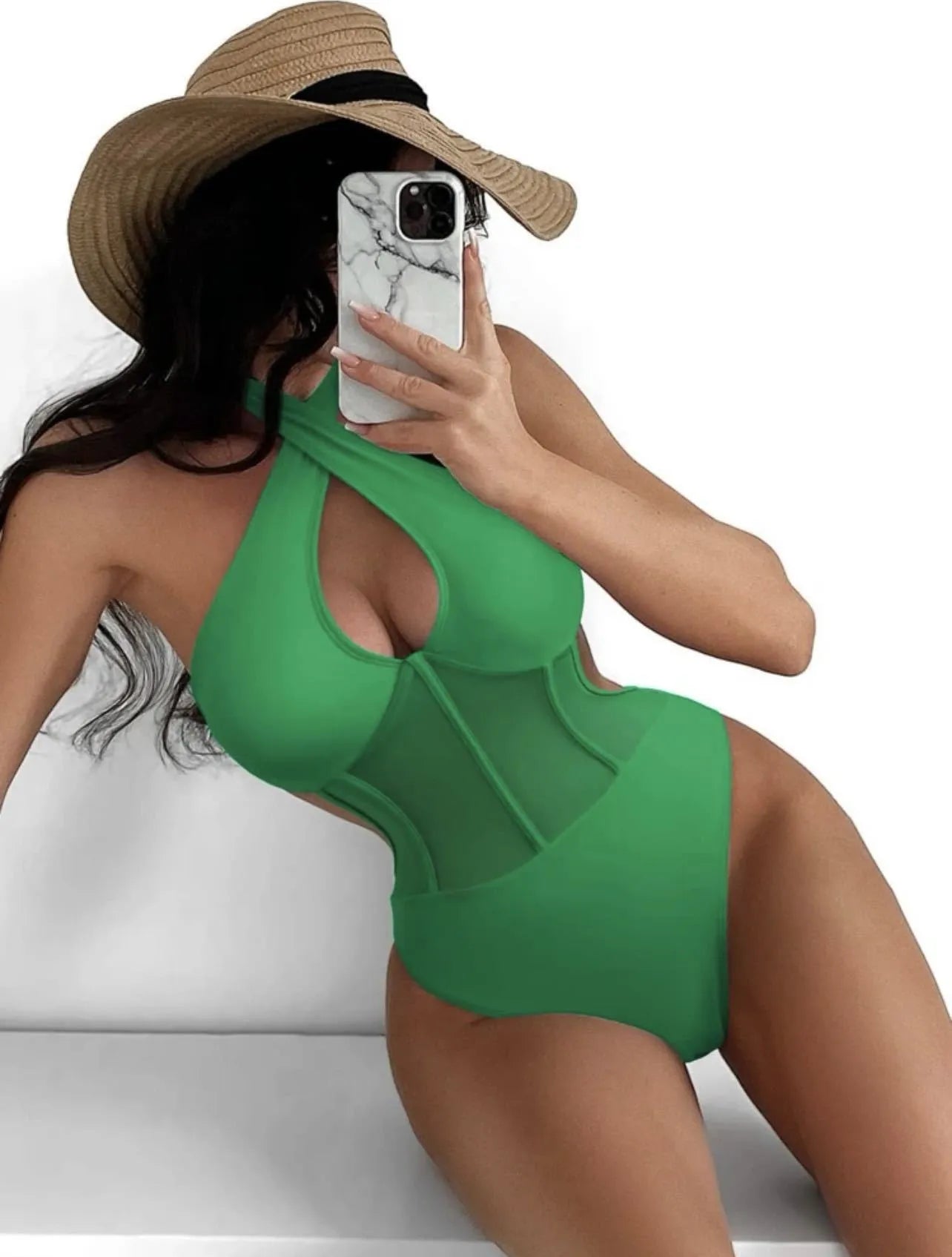 Ladies one-piece swimsuit bikini in nylon blend fabric, shown in black, rose red, and green colour options.