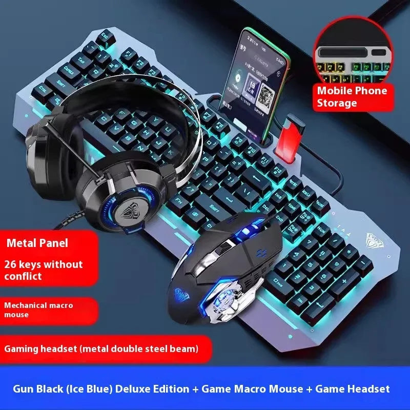 Metal mechanical keyboard bundle with gaming mouse, headset, and optional mouse pad on a desk.