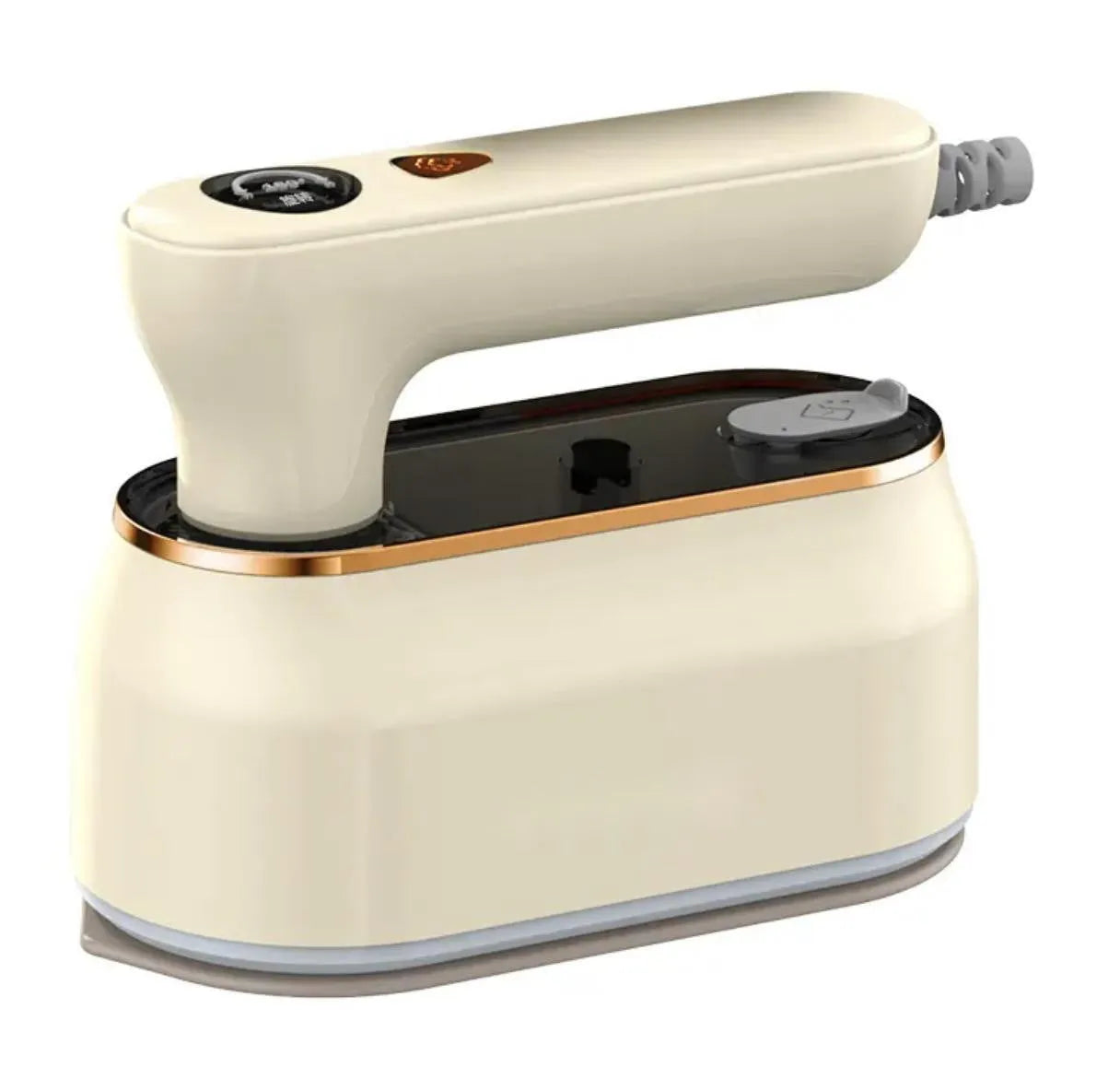 Portable travel iron with foldable handle in light purple colour showing ceramic soleplate