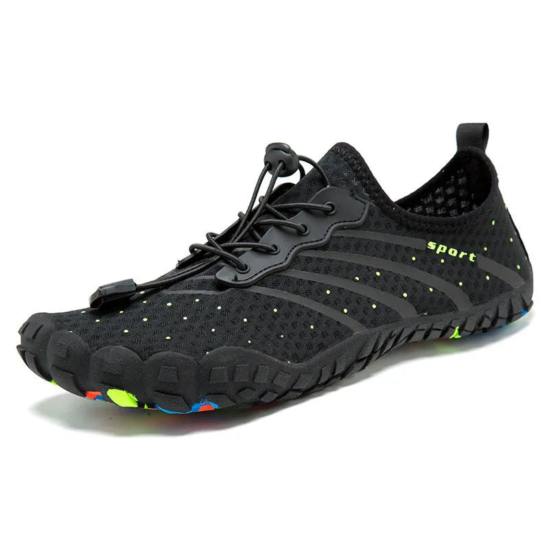Low-top fast drainage beach swimming shoes in army green with mesh upper and rubber sole.