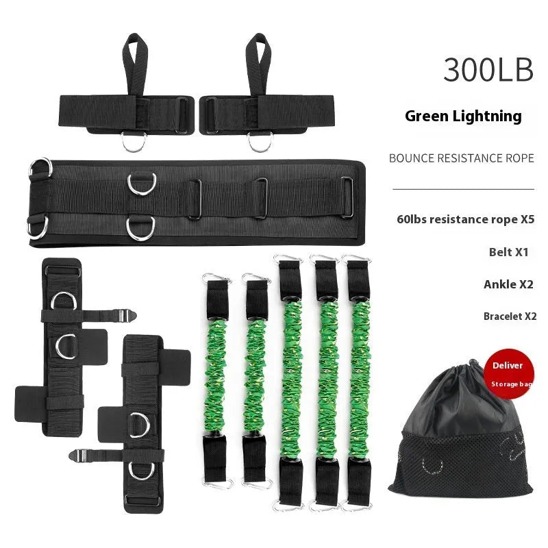 TPE elastic fitness resistance band with red, blue, black, and green colour sleeves indicating different pound ratings.