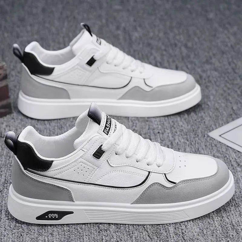 Men's Korean-style canvas board shoes in black, beige or grey with mesh lining and leather stitching details