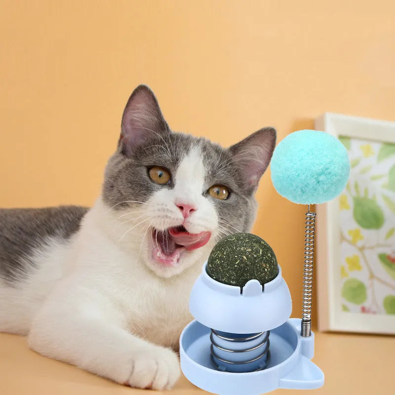 Rotating licking cat toy with mint ball in blue, orange or pink colours