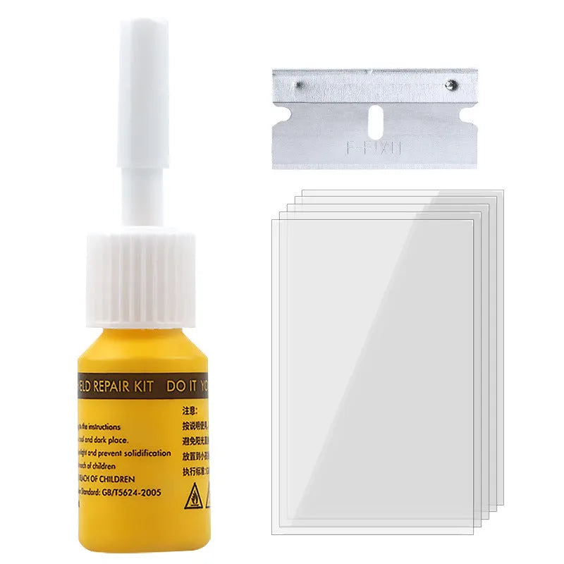 Yellow three-piece car windshield repair tool set for chip and crack repairs