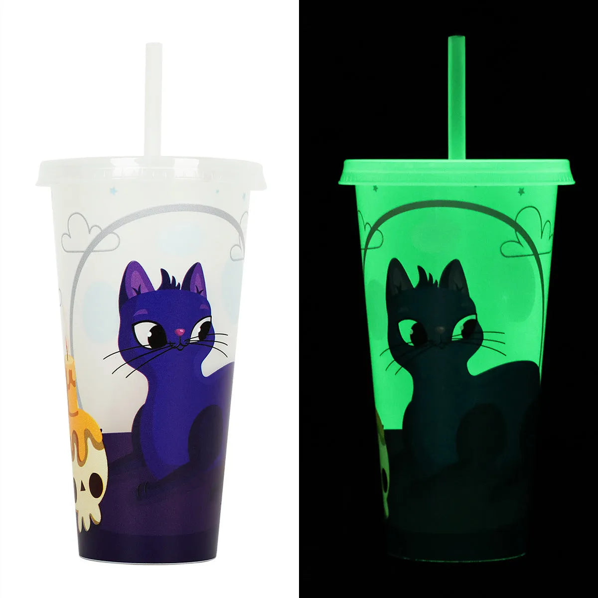 720ml Halloween luminous straw cup in cylindrical shape with PP plastic construction