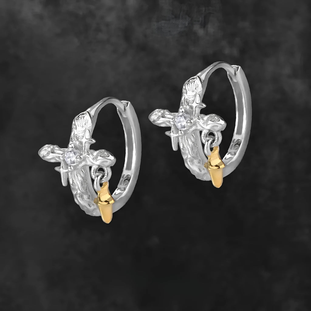Geometric cross earrings in 925 sterling silver with white gold colour finish featuring round design elements