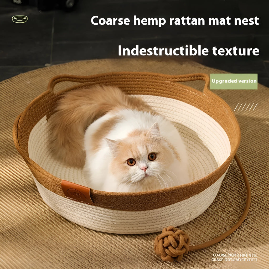 Woven cloth cat nest mat with cotton string stitching in grey colour showing textured surface