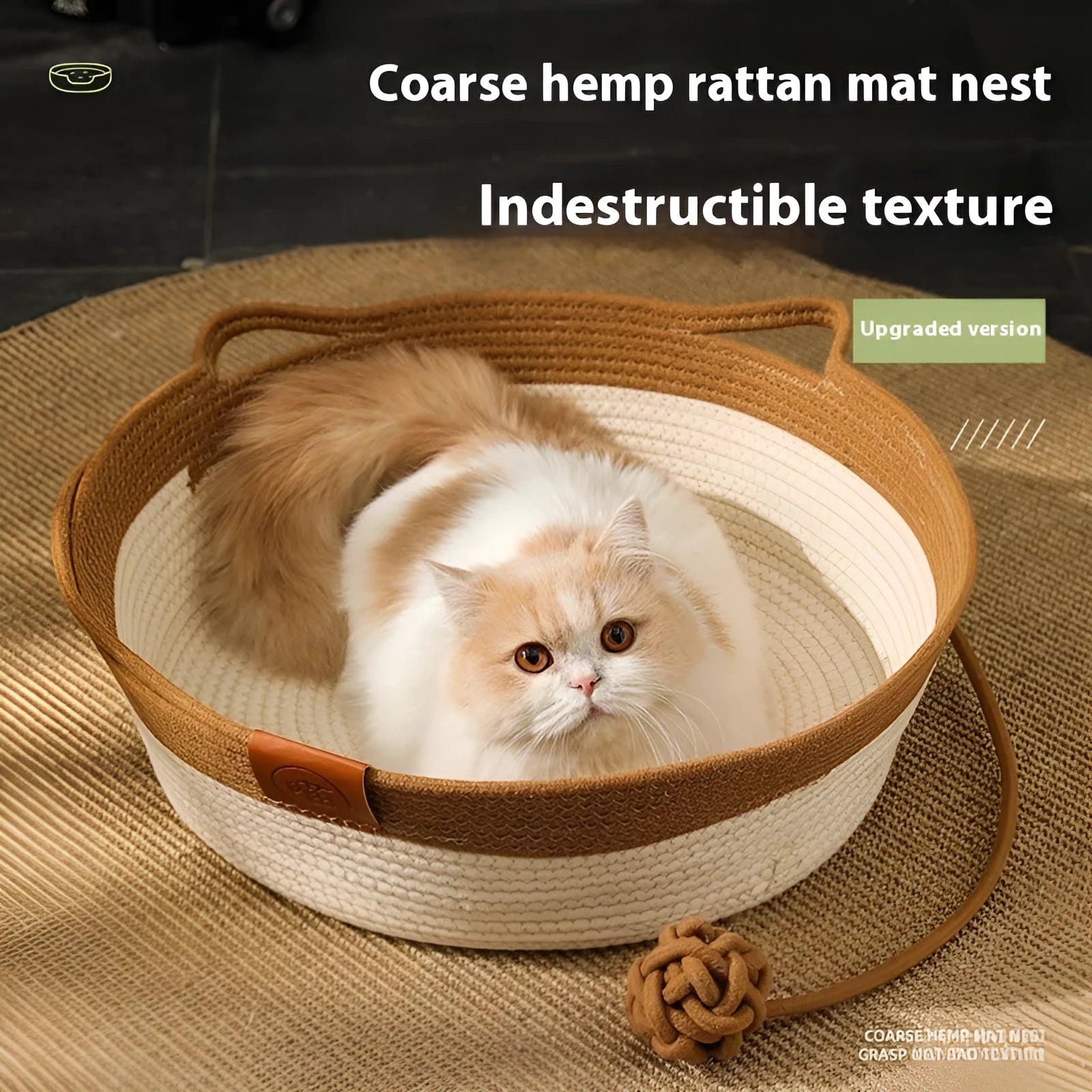 Woven cloth cat nest mat with cotton string stitching in grey colour showing textured surface