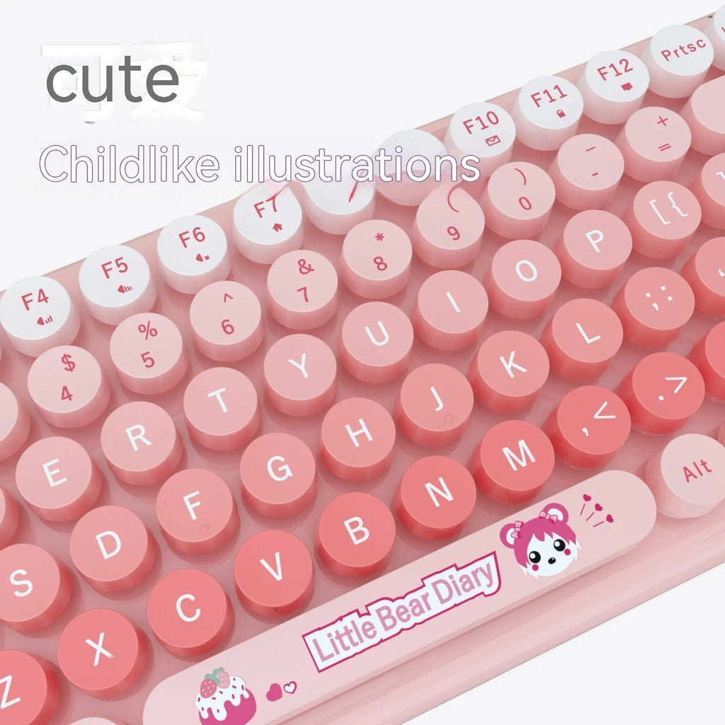 Pink mini wireless keyboard and mouse set with compact design on a desk
