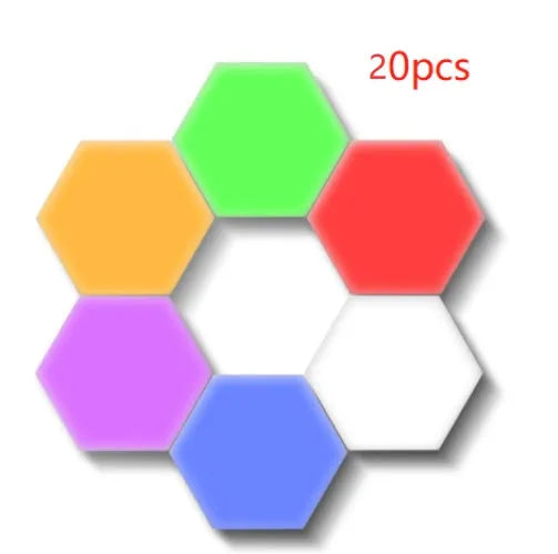 Helios modular honeycomb touch wall lamp modules in a geometric wall arrangement.