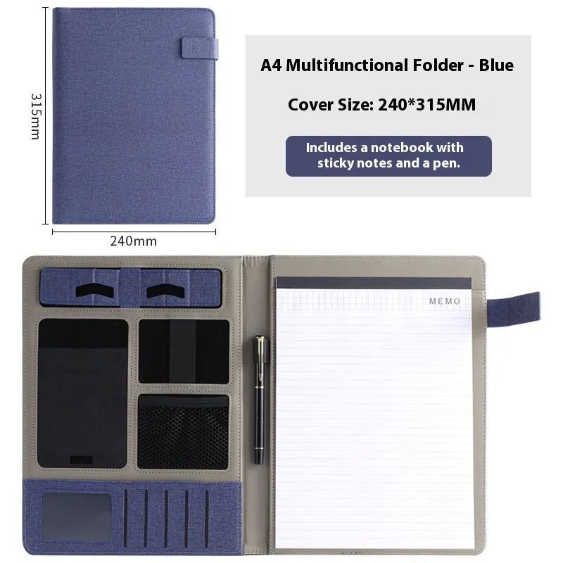Leather A4 business folder in black with optional pen and notepad accessories