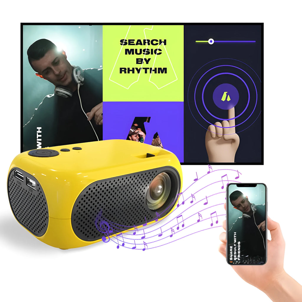 Compact gold or white M24 micro mini LED projector on a table with power adapter and AV cable.