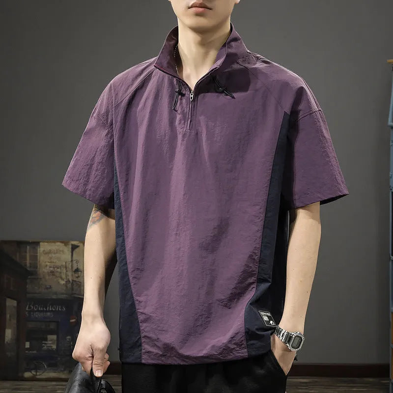 Brown men's casual business shirt with a half-zipped stand collar and short sleeves.