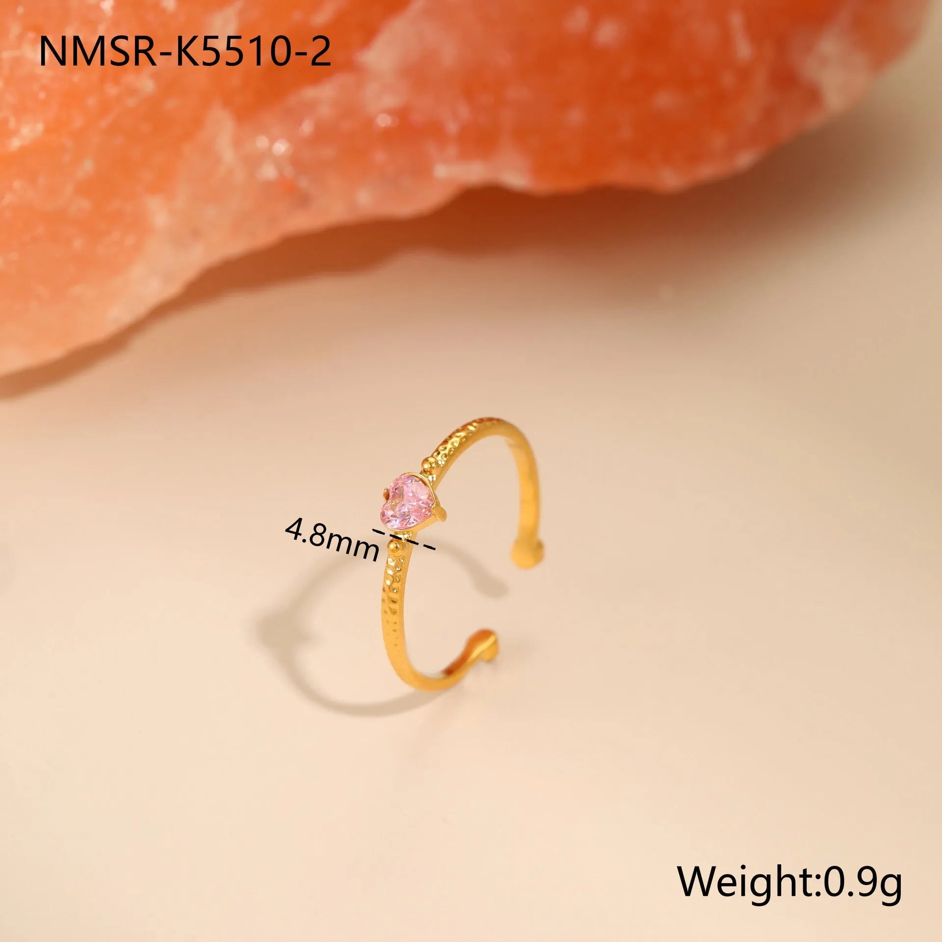 Open ended stainless steel ring with geometric setting and inlaid zircon love heart design in adjustable free size
