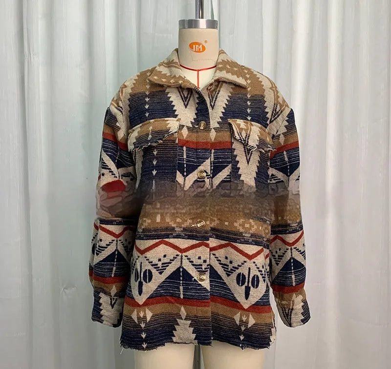 Women's loose-fit retro jacket with Aztec print in wool-blend fabric, shown in army green.