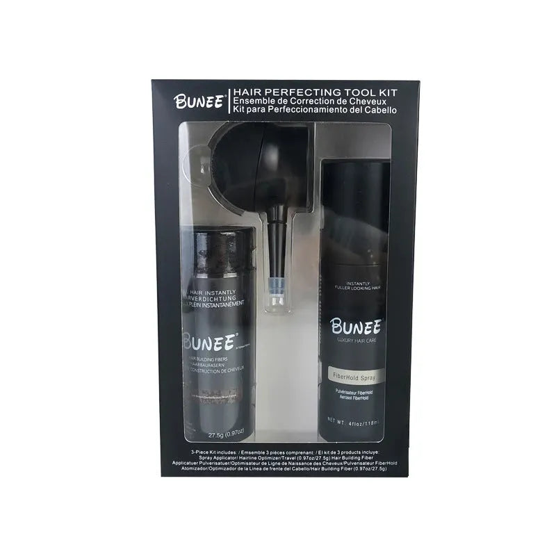 275g can of dense hair fibre powder with application nozzle and shaping spray bottle for thinning hair.
