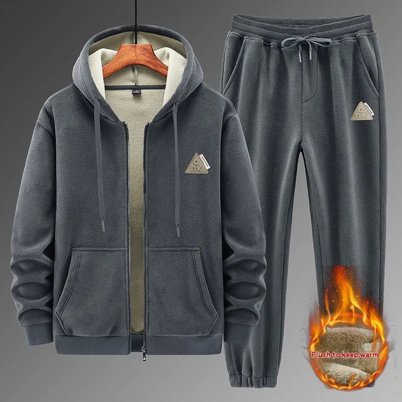 Grey hooded cashmere sweater and cotton trousers casual sports suit on hanger
