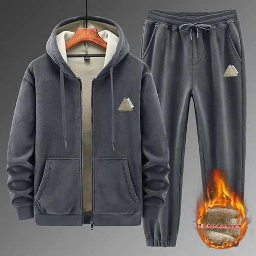 Grey hooded cashmere sweater and cotton trousers casual sports suit on hanger