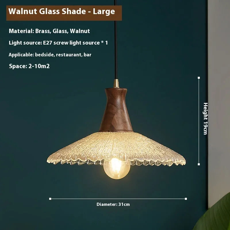 Retro brass and wood ceiling chandelier with a glass lampshade, shown in small, medium, and large sizes.