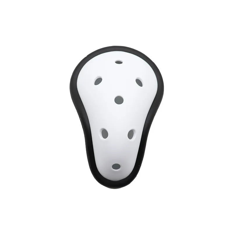 Rubber genital protector for adult and child sports safety in hockey, rugby, and martial arts.