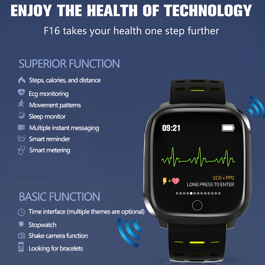 F16 smart watch with ECG, blood pressure, and heart rate monitoring on a silicone wristband.