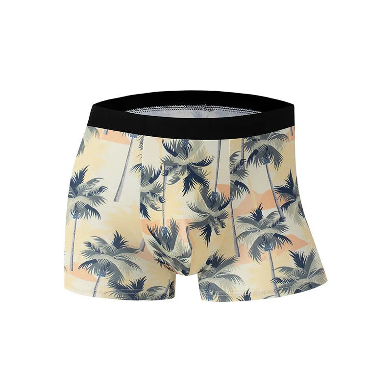 Men's light grey printed polyester underwear laid flat, showing mid waist design.