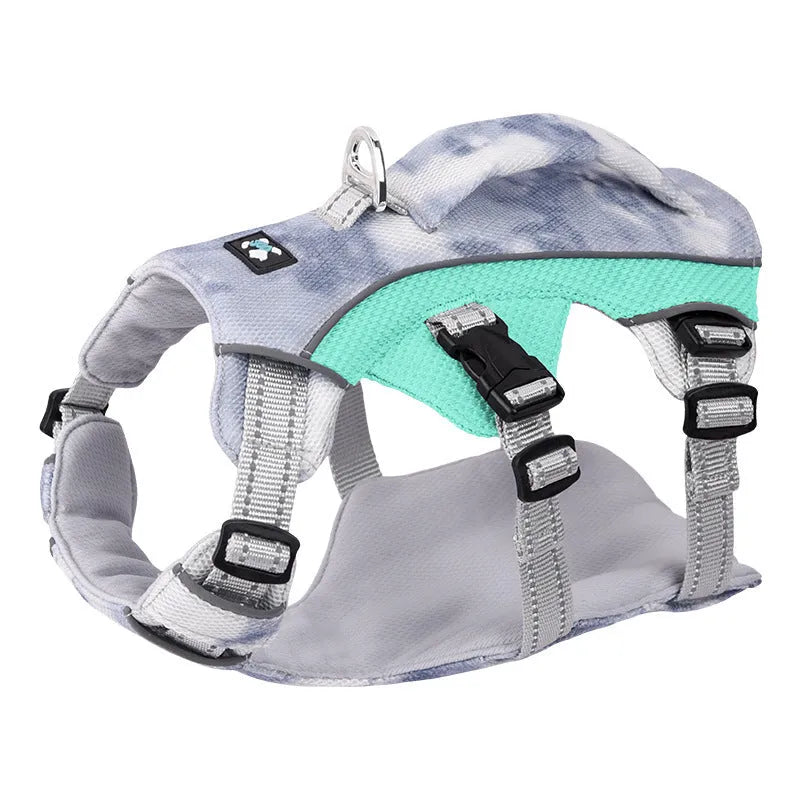 Reflective pet cooling chest strap in light blue colour with adjustable sizing options