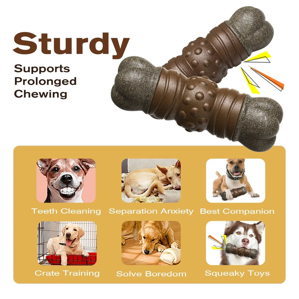 Wood colour plastic bone-shaped dog toy with textured surfaces for dental cleaning and sounding feature