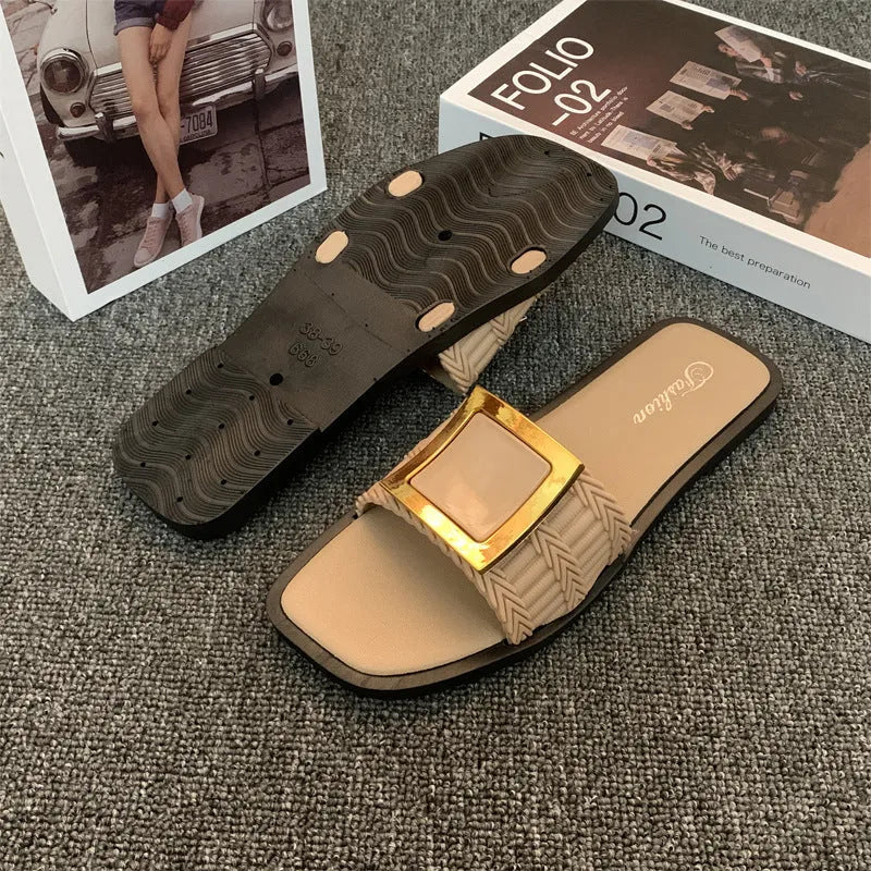 Women's summer flat slippers in apricot colour with PVC sole