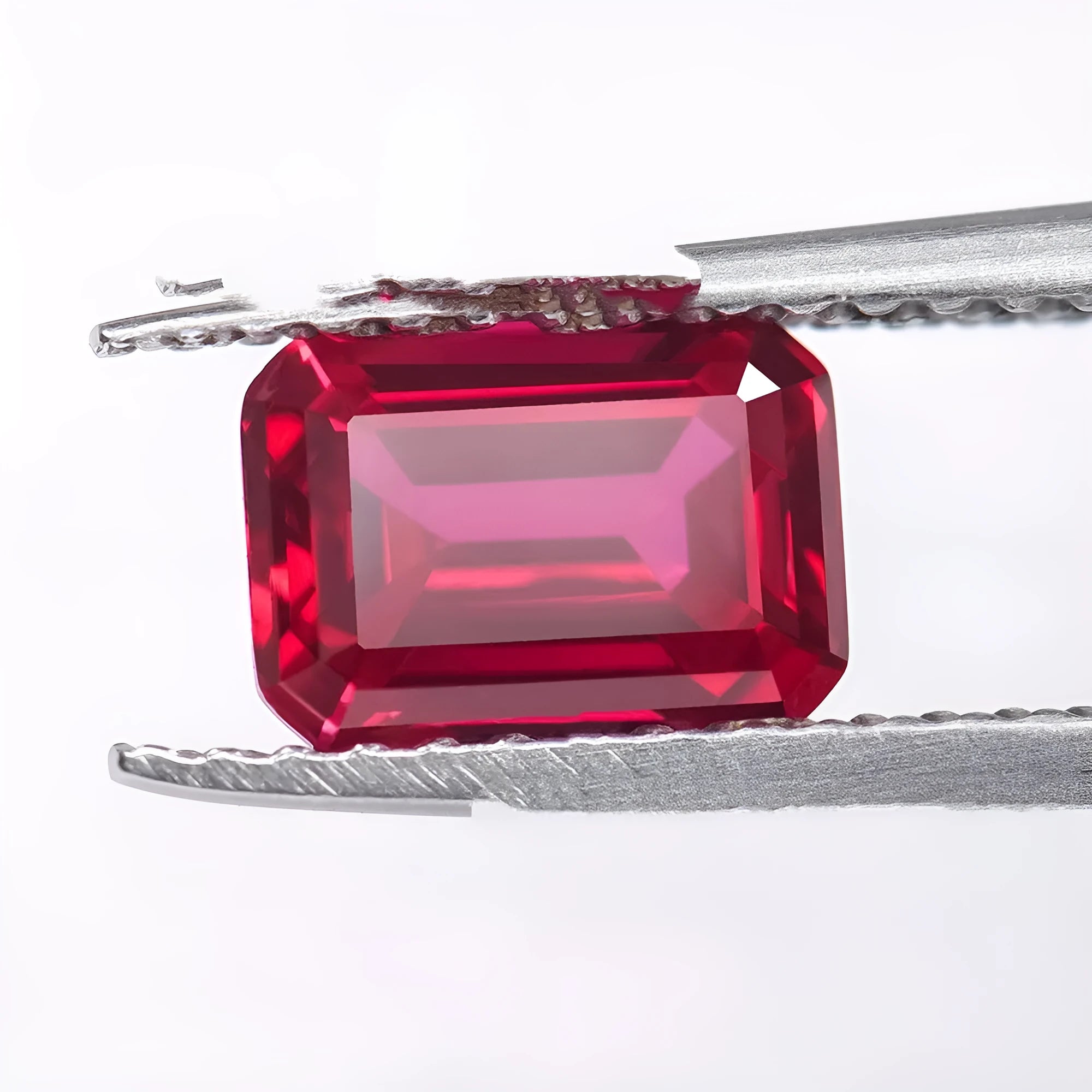 Artificial pigeon blood red ruby gemstone in various cuts: egg, round, princess, water drop, grandmother, and Asche.