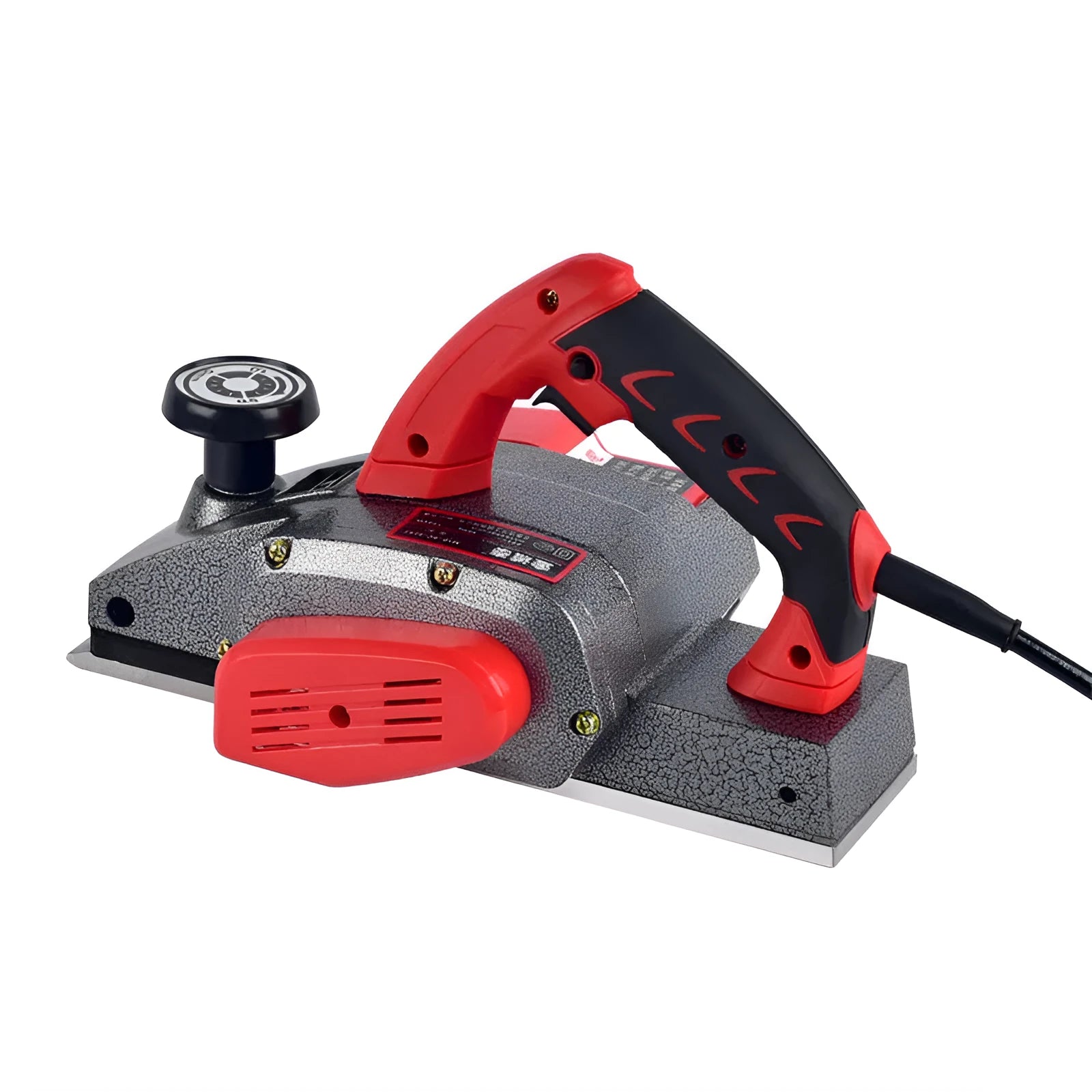 Red aluminium shell electric wood planer tool showing 82mm planing width