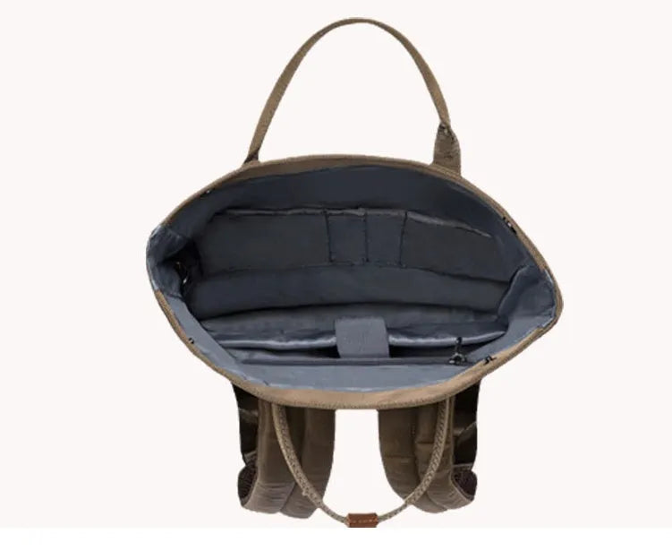 Polyester casual backpack with cover opening showing internal computer and zipper pockets