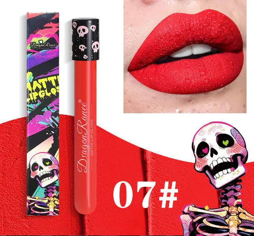 Halloween creative makeup lip gloss in test tube skull packaging with matte gold and silver shades