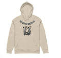 Loose fit grey hooded sweater with fleece lining, shown laid flat.
