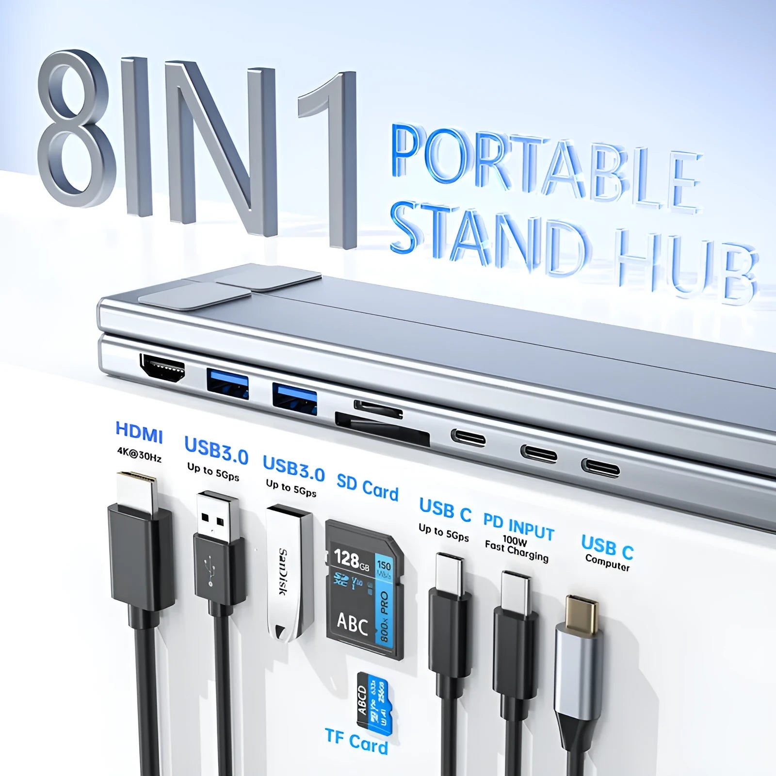 Aluminum folding laptop docking station with 8-in-1 multi-interface hub and 0.6m cable