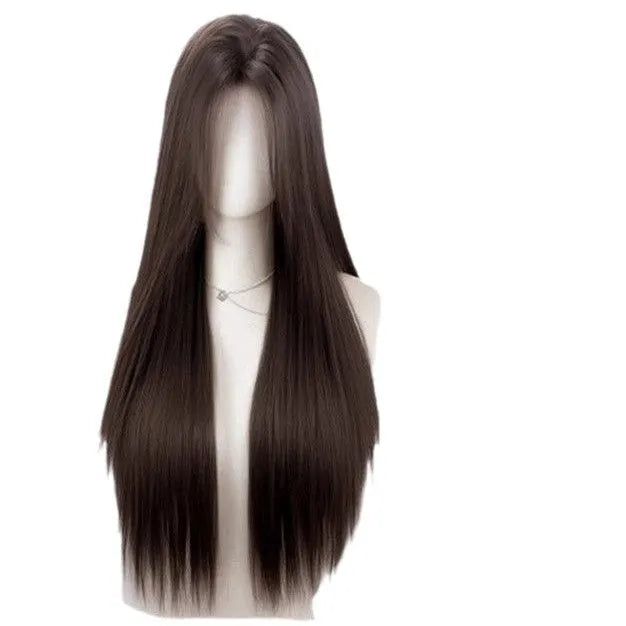 Full-head forehead lace synthetic wig in mid-length straight dark brown style for dress up.