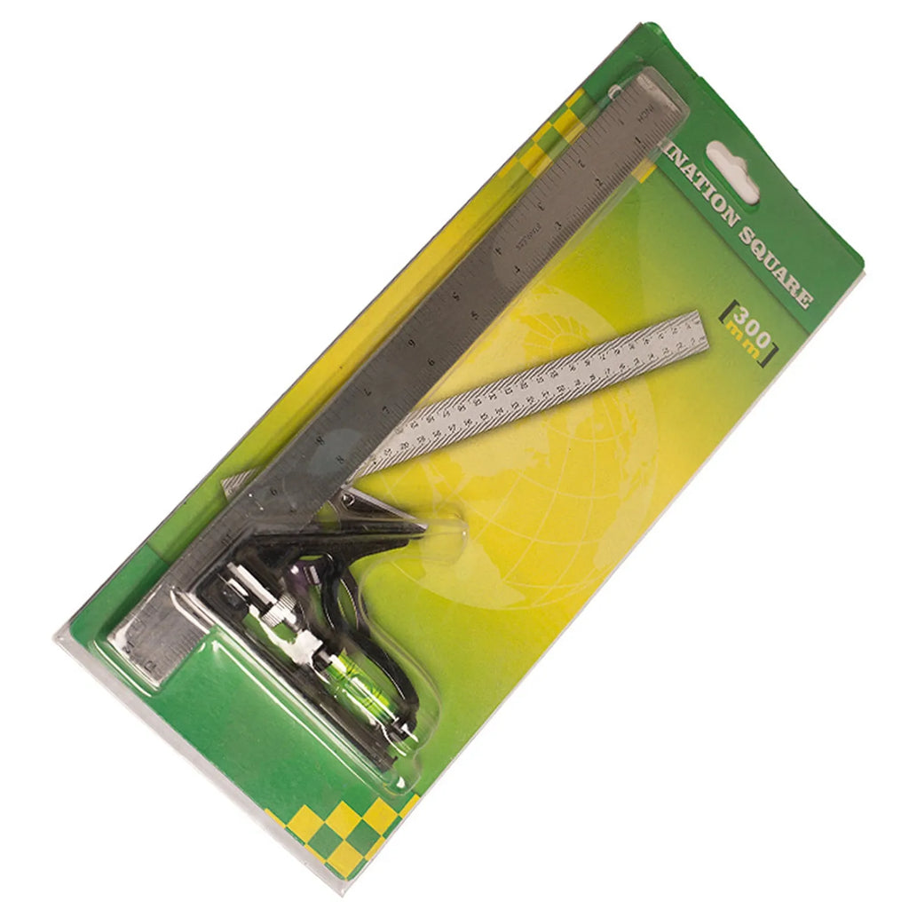 Red metal 7inch combination angle ruler with metric scale alongside base ruler in transparent storage bag