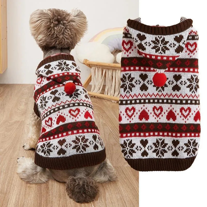 Striped pink blue grey knitted dog sweater with snowflake and camouflage patterns for small Bichon breed.