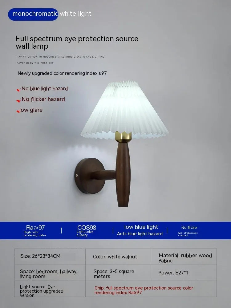 American retro walnut wood wall lamp with fabric shade in bedside setting