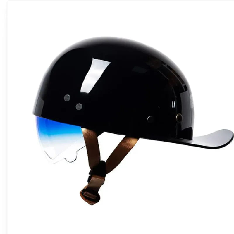 Men's retro half helmet for electric bicycles in bright black gradient blue lens colour