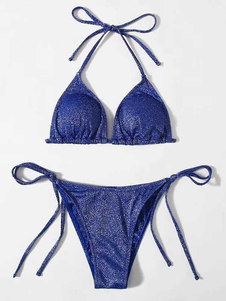 Women's khaki gold split bandage bikini swimsuit set on a model, showing the top and briefs.