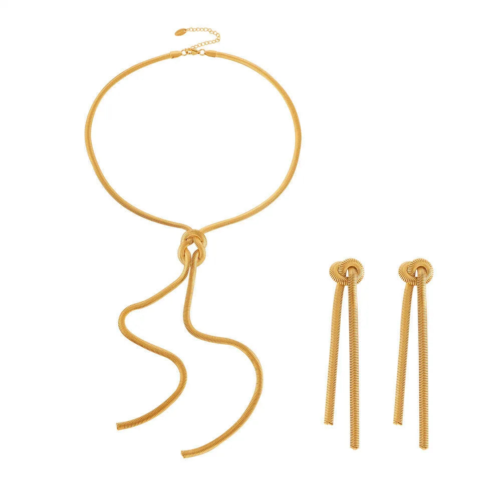 Gold electroplated titanium steel knotted tassel snake chain necklace with matching earrings set