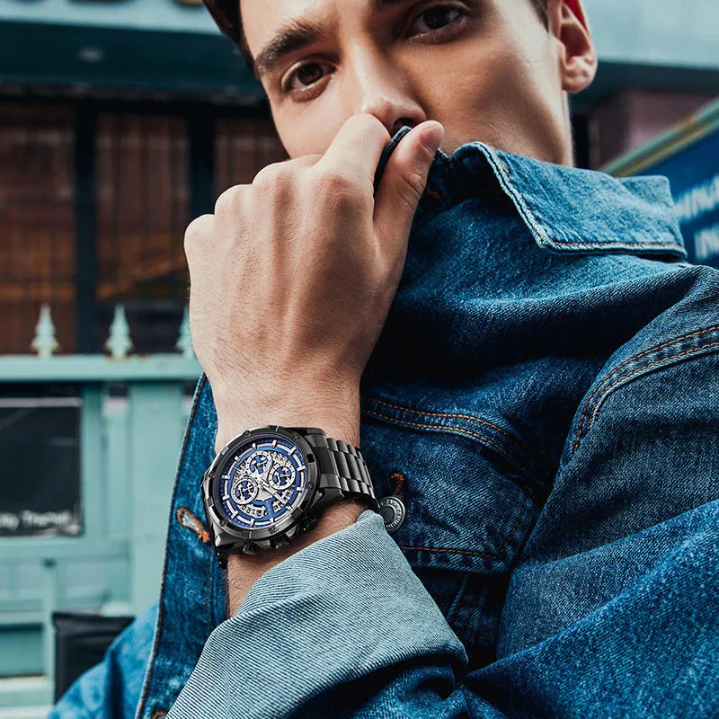 Men's casual waterproof watch with luminous dial and stainless steel strap in three colour variants.