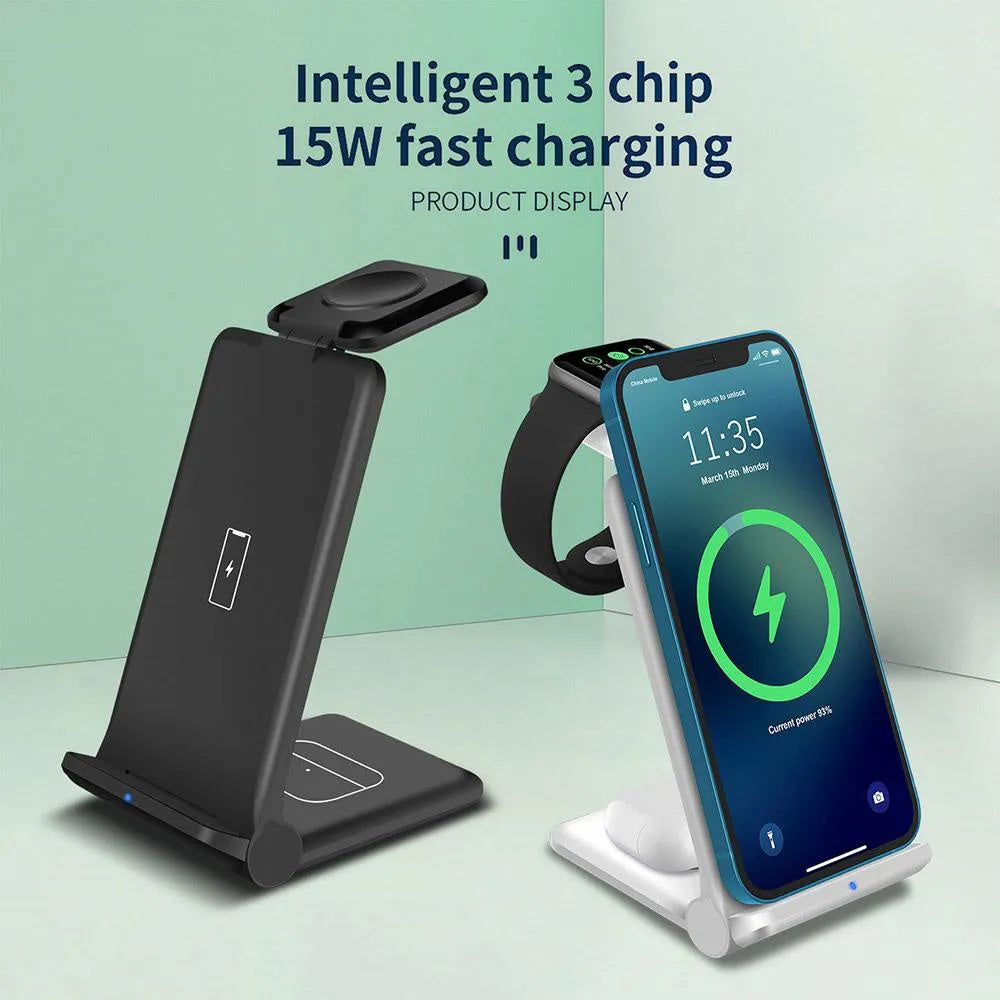 White 3-in-1 foldable wireless charging station showing iPhone, AirPods, and Apple Watch charging simultaneously