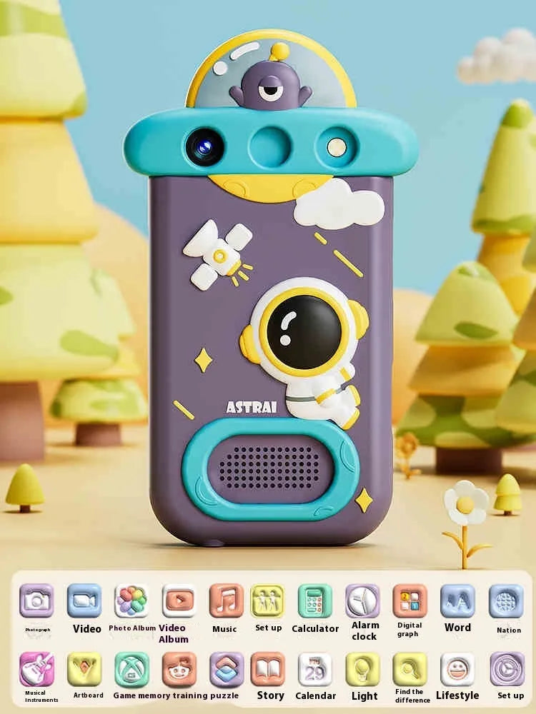 Children's toy simulation mobile phone with 22 function flip lens in Kitty and Spaceman styles on white background