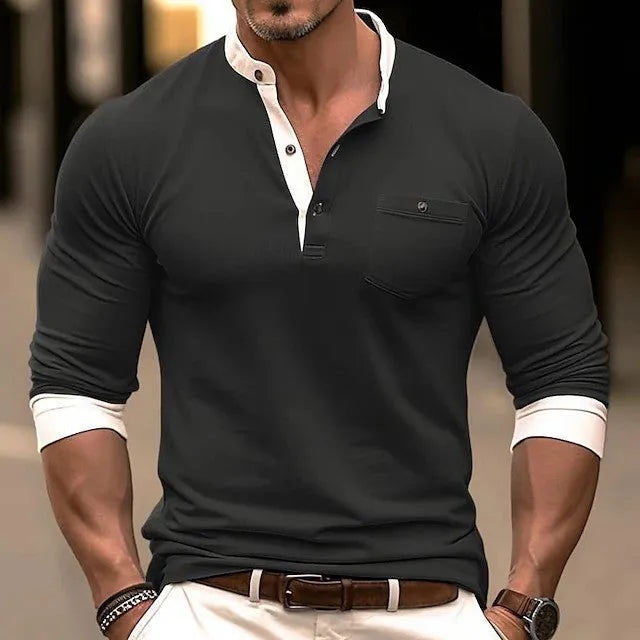 Men's solid colour cotton long sleeve round neck t-shirt on a hanger.