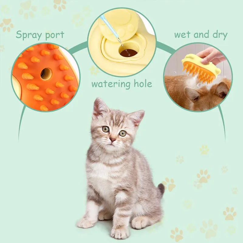 Steam generating pet grooming brush for cats and dogs on a white background.