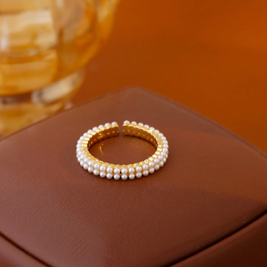 Geometric open-mouth women's ring with round pearl accent and gold electroplated finish