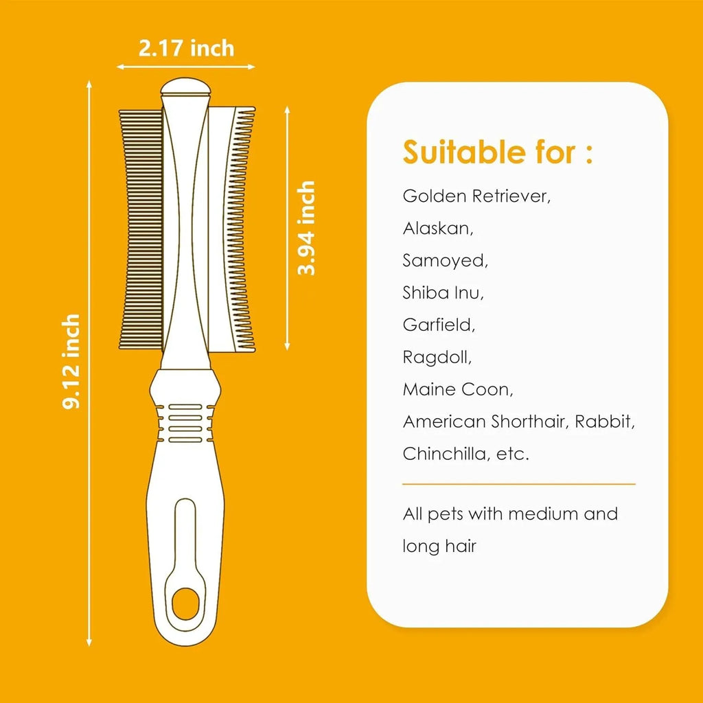 White 2-in-1 pet grooming brush with comb and deshedding sides, ergonomic handle